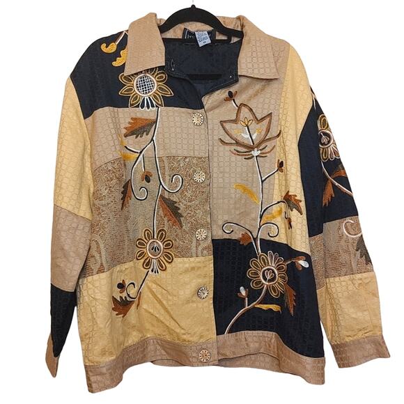 American Vintage Tops - Indigo Moon Size 1X Cotton Patchwork Vintage Embroidery Wooden Buttons Neutral